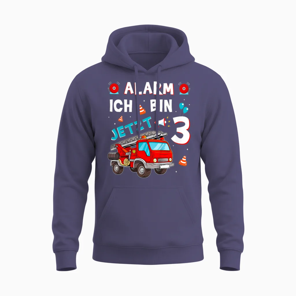 Children's 3rd Birthday Boy Girl Fire Brigade Gifts Fire Engine T-Shirt, Black Unisex Hoodie in Heather Sport Dark Navy
