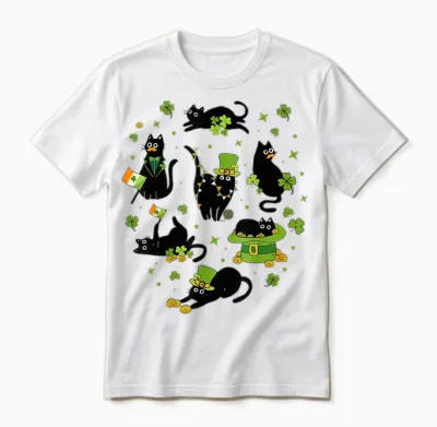 St Patricks Day Black Cat with Shamrock Irish Matching Unisex T-Shirt - White