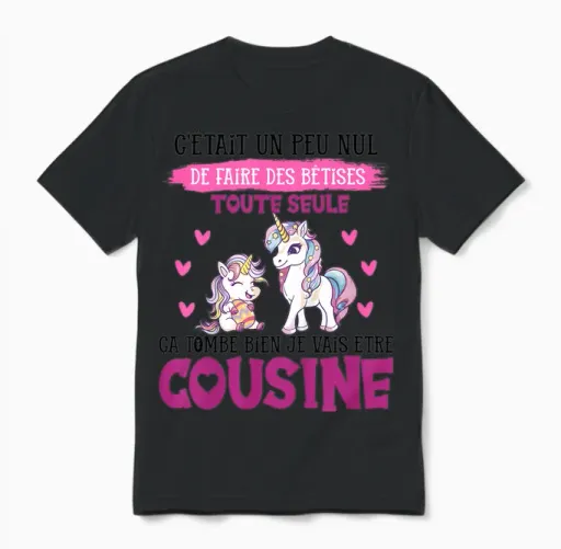 Child I Will Be Cousine Unicorn Announcement Future Cousine 2025 T-Shirt, White, 2 Unisex T-Shirt in Black