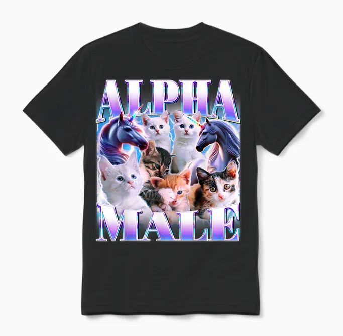 Unicorn Male Alpha Cute Cat Funny Ironic Meme Graphic Unisex T-Shirt in Black