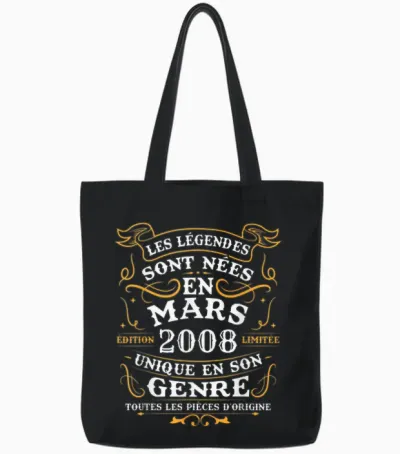 Vintage Birthday Gift 18 Years Born in March 2008 Tote Bags - Black