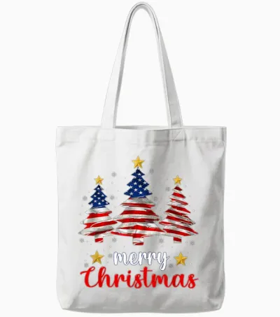 Merry Christmas Tree American Flag Funny Us Flag Xmas Pajama Tote Bags - White