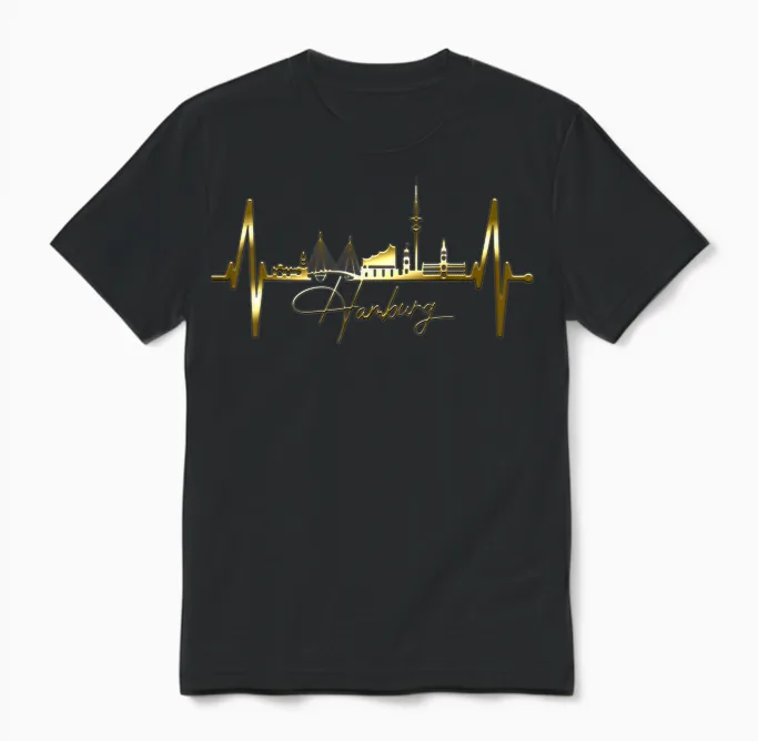 Hamburg Skyline Heartbeat Silhouette Love I Love Hamburg T-Shirt, Black Unisex T-Shirt in Black