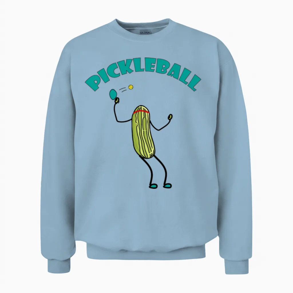 Funny Pickle Playing Pickleball Unisex Sweatshirt in Light Blue