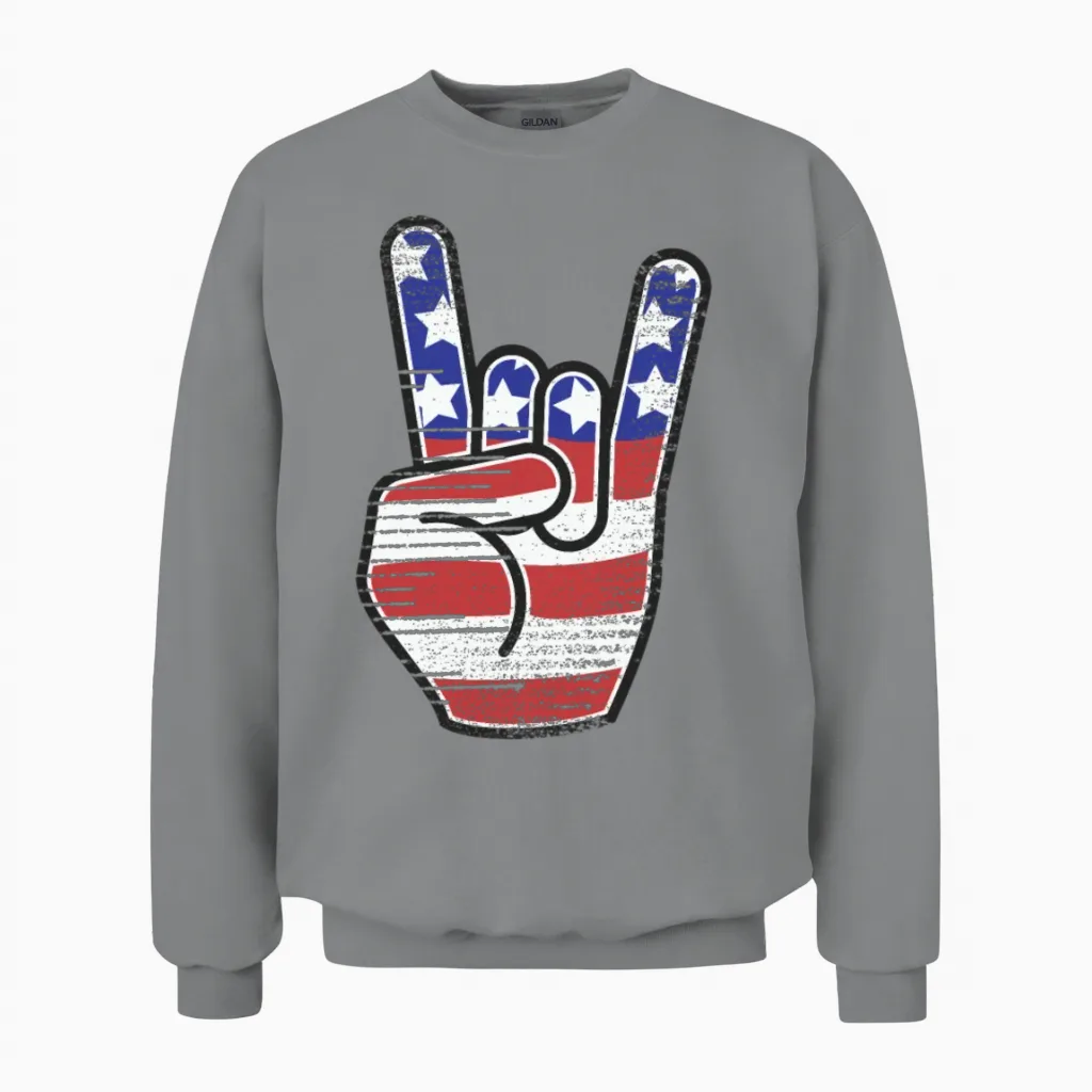 Rock N Roll Usa Flag Horns Sign Retro Concert Band Unisex Sweatshirt in Sport Grey