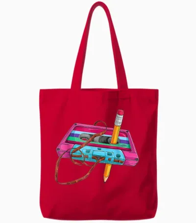 80 90s Outfit Women's Party Fancy Dress Retro Cassette T-Shirt, Black Tote Bags - Red