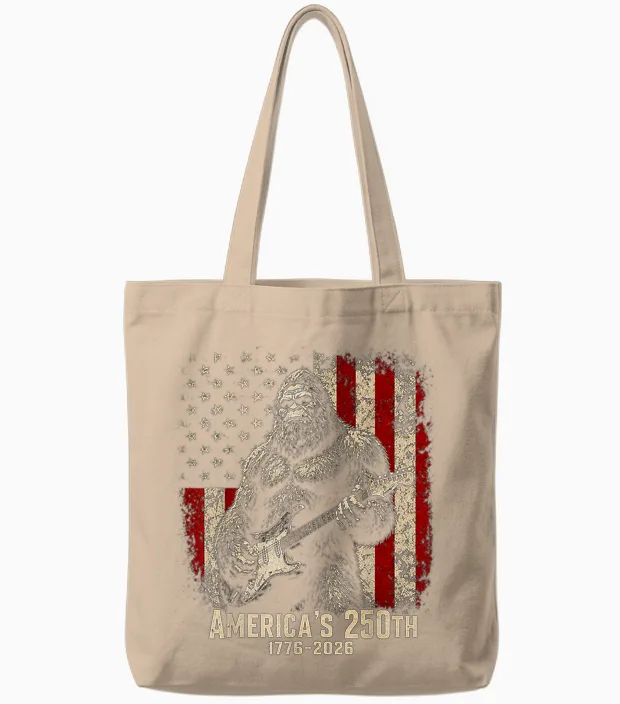 Bigfoot Sasquatch Playing Guitar 250 Years American Usa Tote Bags in Natural