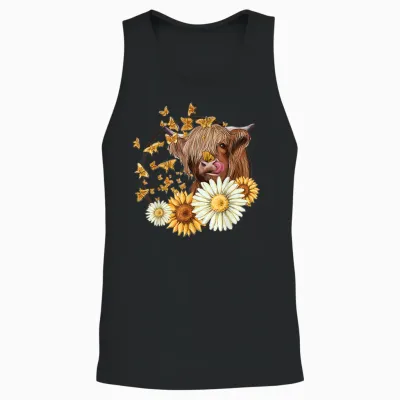 Highland Cow with Sunflower Daisies Butterflies Farm Western Unisex Tank Top - Black