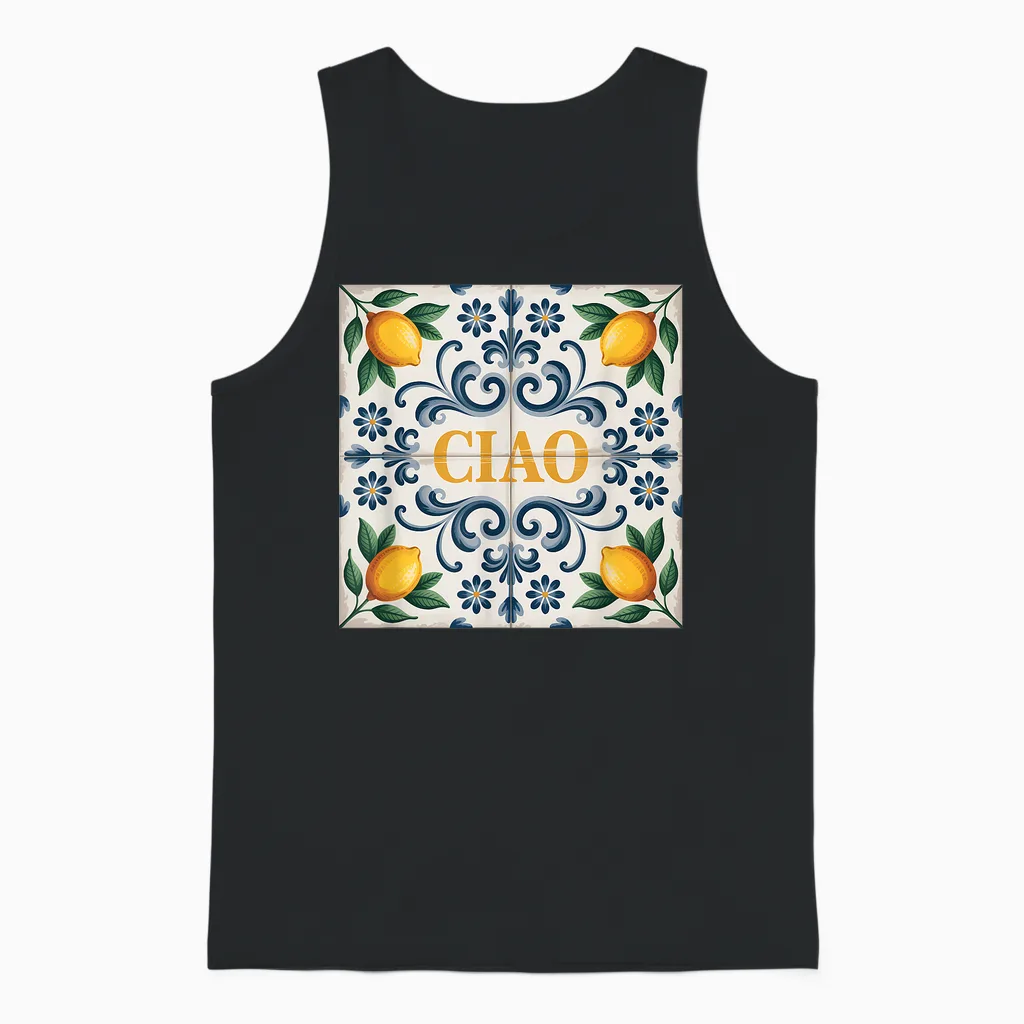 Ciao Lemon Italian Tile Mediterranean Lemons Unisex Tank Top in Black