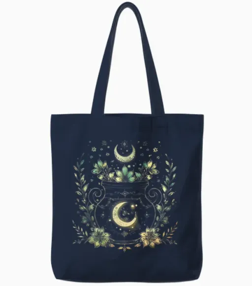 Vintage Witchy Wicca Witch Cauldron Crescent Moon Witchcraft T-Shirt, Black, S Tote Bags - Navy