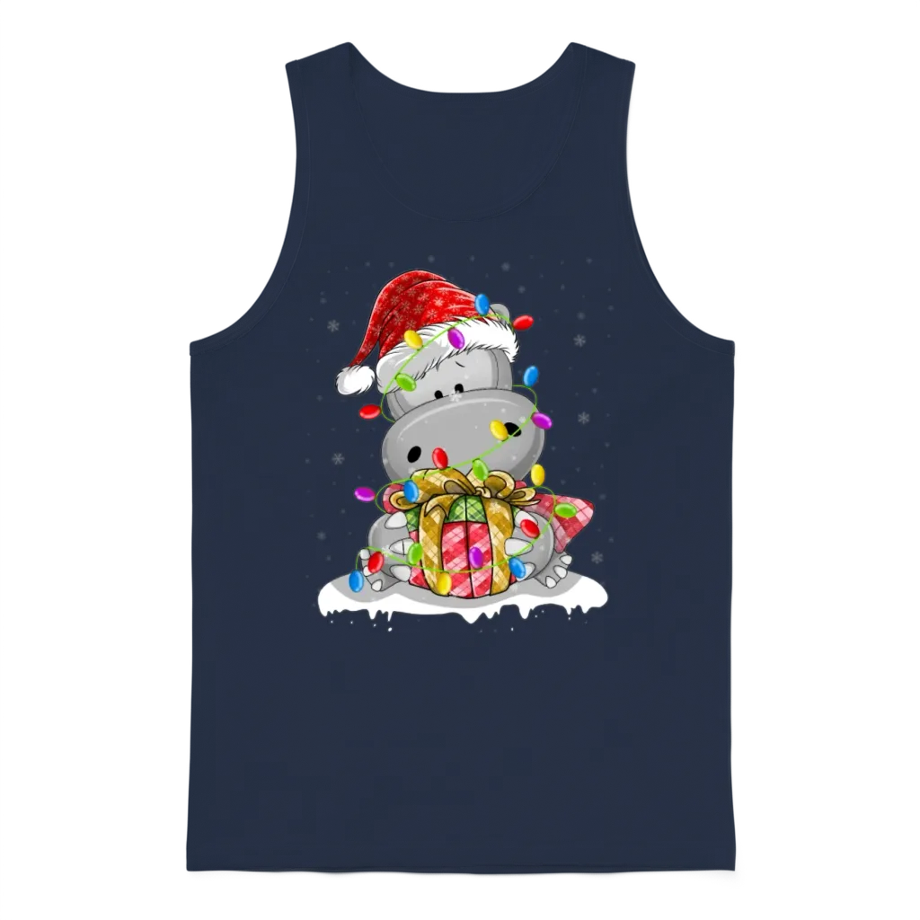 Hippopotamus Santa Christmas Tree Lighting Xmas Unisex Tank Top - Navy