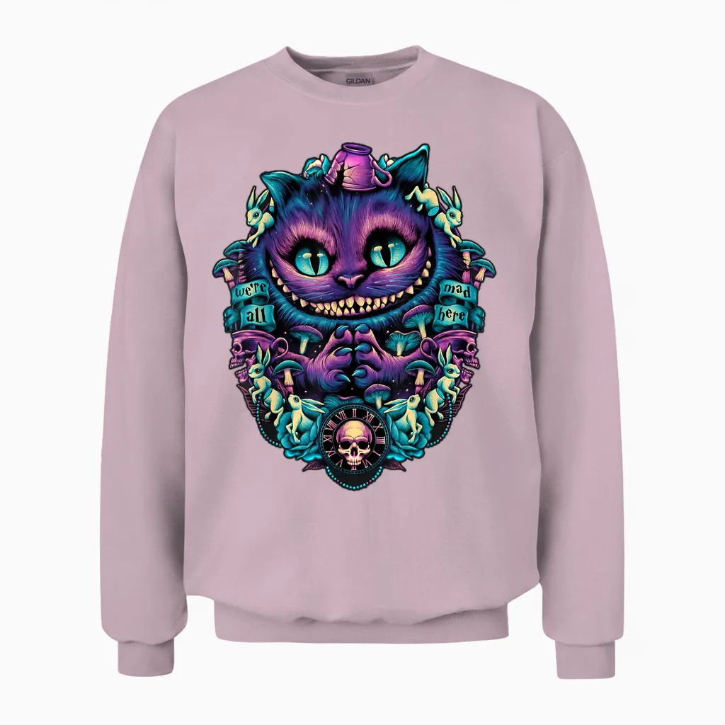 Alice in Wonderland Cheshire Cat All Mad Here T-Shirt, Black Unisex Sweatshirt in Light Pink