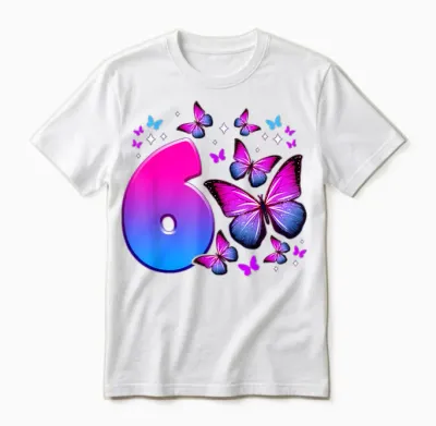 Geburtstag Mädchen 6 Jahre Alt, Schmetterling, Nummer 6 Unisex T-Shirt - White