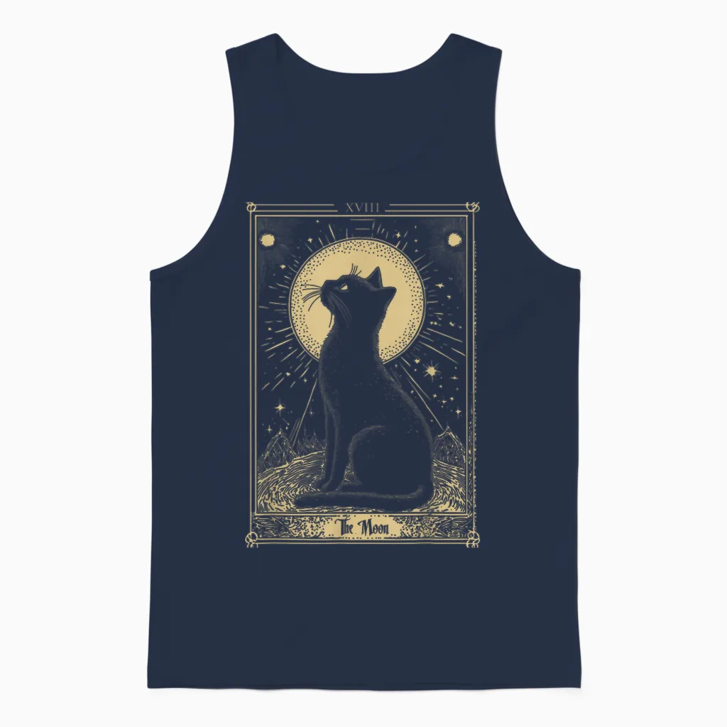 Gothic Tarot Card the Moon Cat Crescent Mystical Art T-Shirt, Black, S Unisex Tank Top in Navy