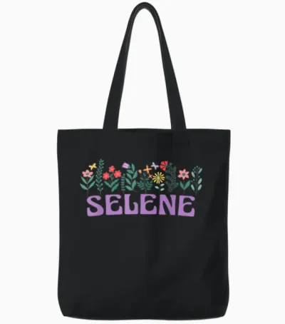 Wildflower Floral Selene Name Mother's Day Women's T-Shirt, White, S Tote Bags - Black