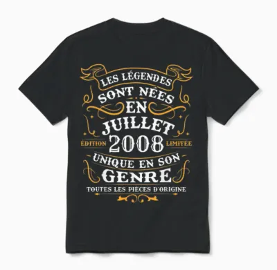 Vintage Cadeau D'anniversaire 18 Ans Nés En Juillet 2008 Unisex T-Shirt - Black