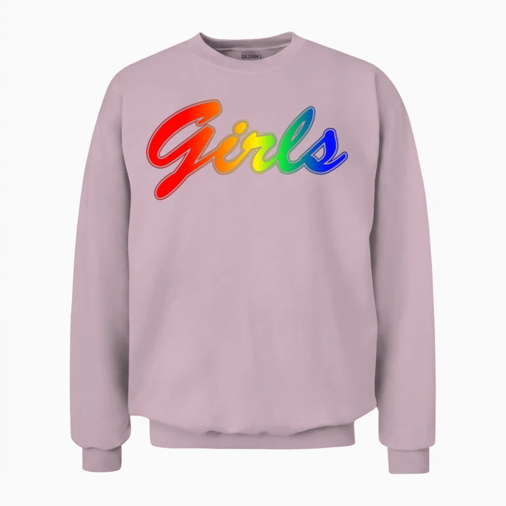 Girls Rainbow Lettering Retro Unisex Sweatshirt in Light Pink