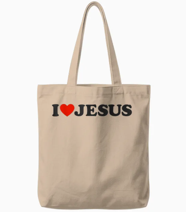 I Love Jesus Christ Christian Clothing T-Shirt, White, S Tote Bags in Natural