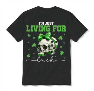 Living for Luck Cute St Patrick's Day Skull Design Unisex T-Shirt - Black