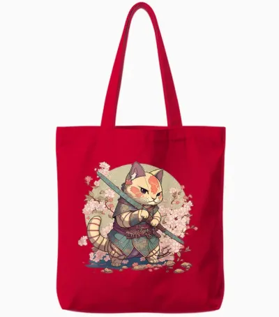 Samurai Cat Warrior Japanische Ninja Katze Kawaii Tote Bags - Red
