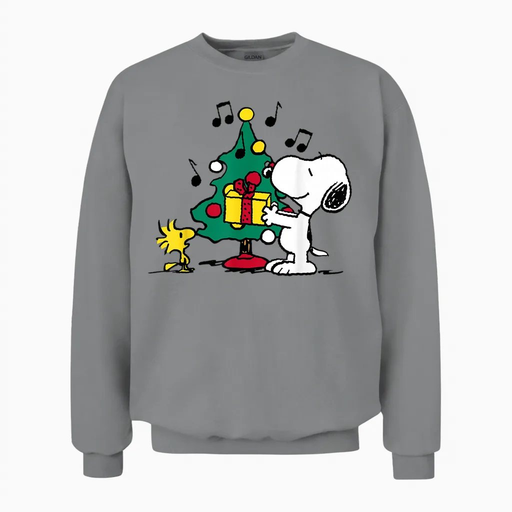 Peanuts Snoopy and Woodstock Holiday Christmas Tree Unisex Sweatshirt in Sport Grey