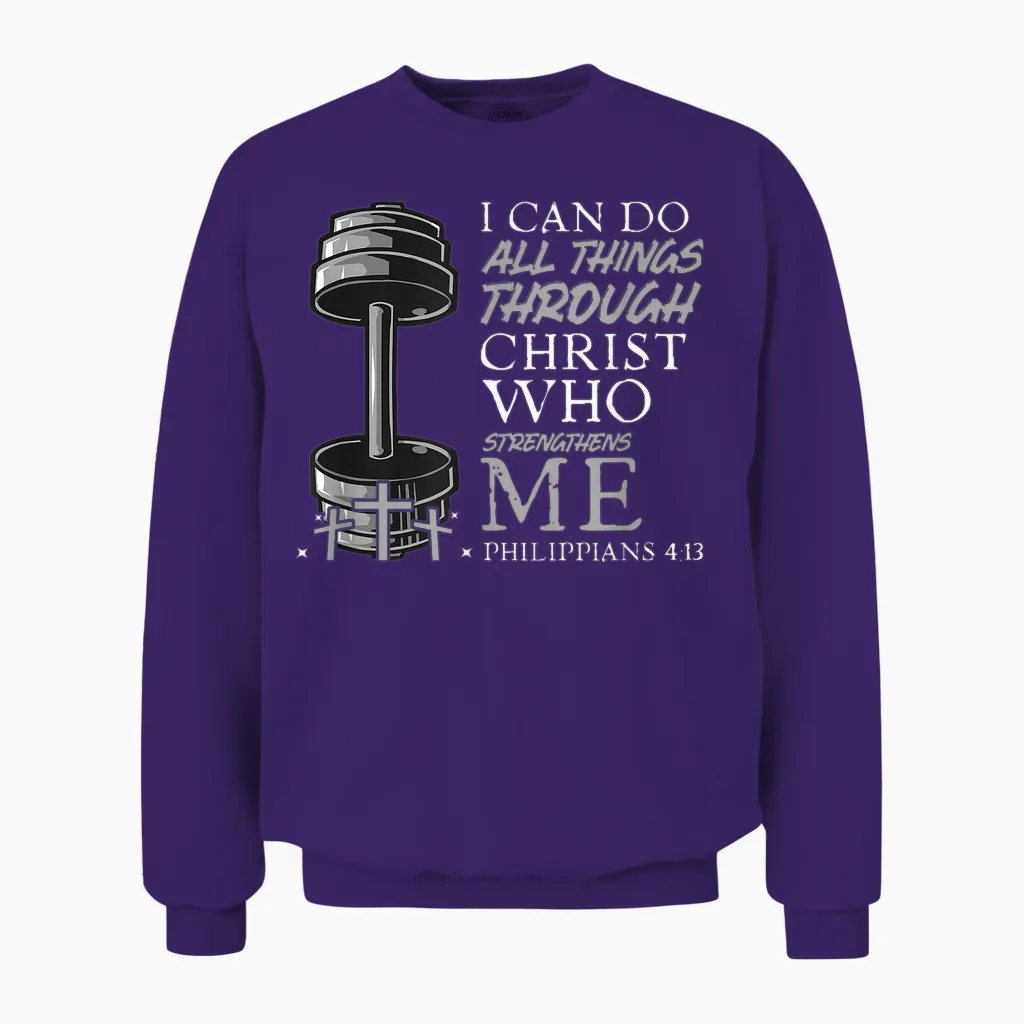 Can Do All Things Weightlifter Christian Gym Bible Verse Unisex Sweatshirt in Purple