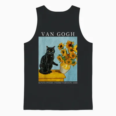 Van Gogh Black Cat with Sunflowers Funny Cat Meme Unisex Tank Top - Black