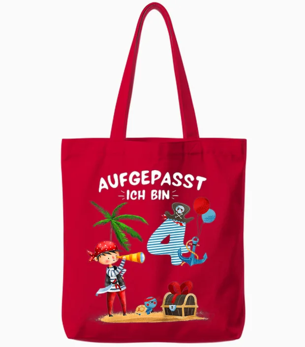 Kinder Geburtstag Pirat Junge Aufgepasst 4 Jahre Piraten Party Tote Bags in Red