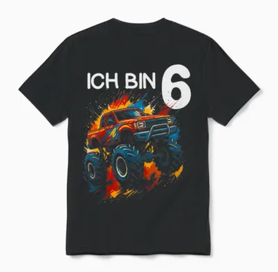 Kids I Am 6 Years Boy Girl 6th Birthday Monster Truck Unisex T-Shirt - Black
