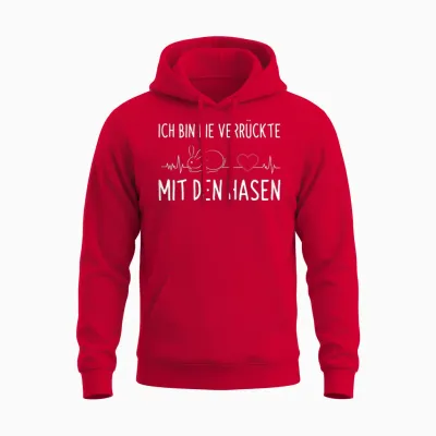 Women's T-Shirt with German Text "ich Bin Die Verrückte Mit Den Rabbit", Black Unisex Hoodie - Red