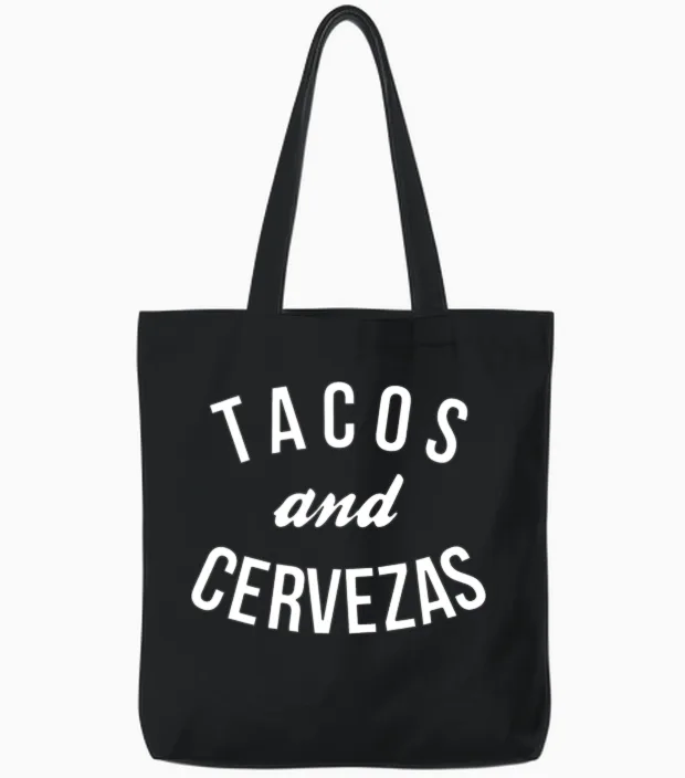 Tacos and Cervezas Funny Tote Bags in Black