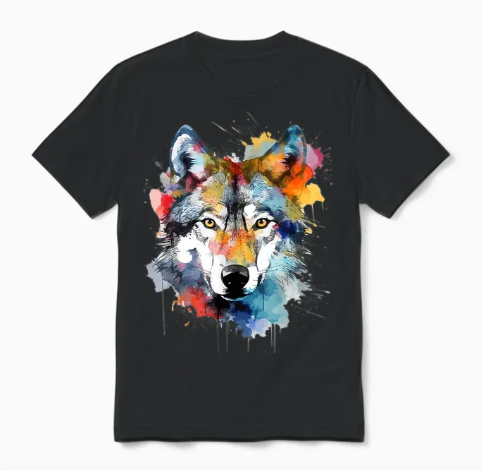 Wolfskopf Aquarell T-Shirt Damen Schwarz Small Eu 38 V-Ausschnitt Kurzarm Klassische Passform Baumwolle 50% Polyester 50% Tierdruck Wildnis Einzigartiges Wolf-Design 1 Count Unisex T-Shirt in Black