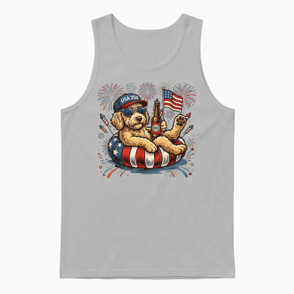 Goldendoodle Patriotic Golden Doodle 4th of July 250 Years Unisex Tank Top in Ash