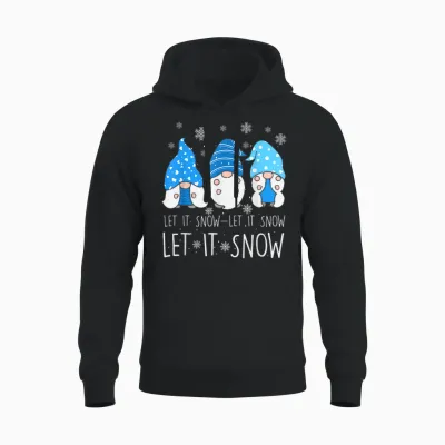 Let It Snow Cute Three Blue Gnome Matching Family Merry Xmas Unisex Hoodie - Black