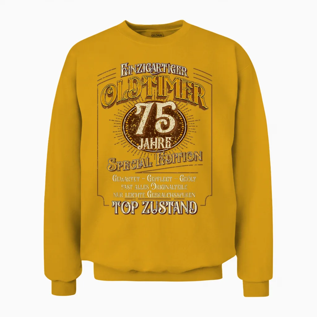 Vintage 75th Birthday Man 75 Years Unique Vintage Car T-Shirt, Black Unisex Sweatshirt in Gold