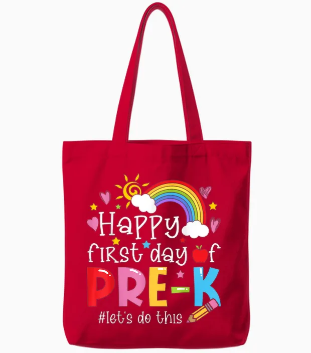 Happy First Day of Pre-K Pencil Teacher Kids Back to School Tote Bags in Red