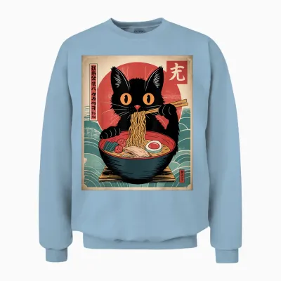 Noodles Eating Cats Eating Japanese Ramen Kawaii T-Shirt, Black, S Unisex Sweatshirt - Light Blue