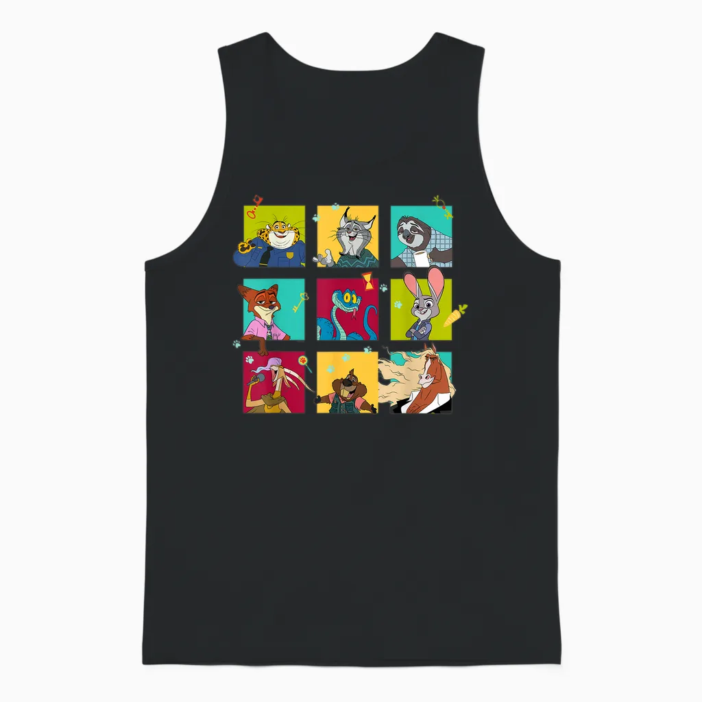 Disney Zootopia 2 Illustrated Characters Grid Unisex Tank Top in Black