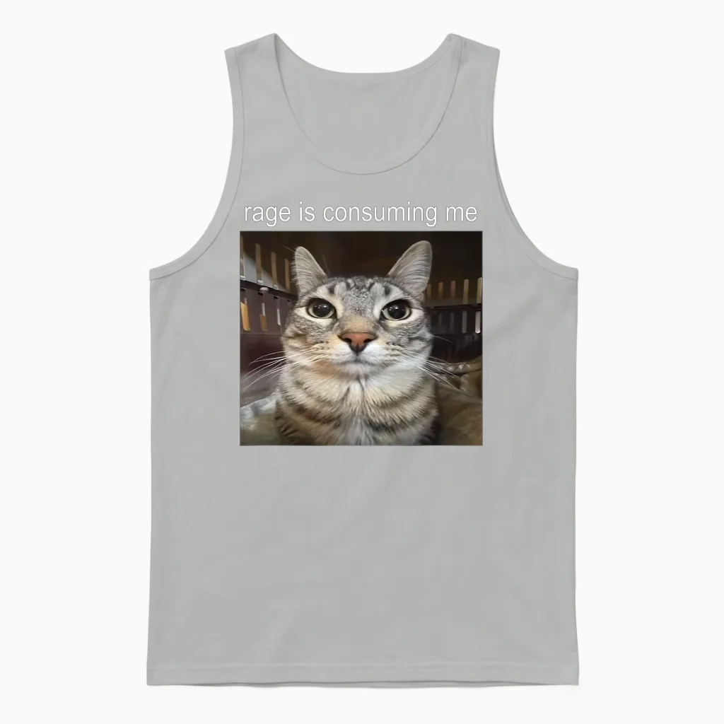 Rage Is Consuming Me Silly Staring Cat Meme Unisex Tank Top in Ash