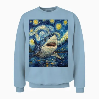 Funny Shark - Van Gogh Style - Starry Night Unisex Sweatshirt - Light Blue