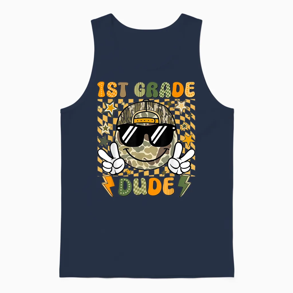 Funny Back to School Tee 1st Grade Dude Boys Girls Unisex Tank Top in Navy