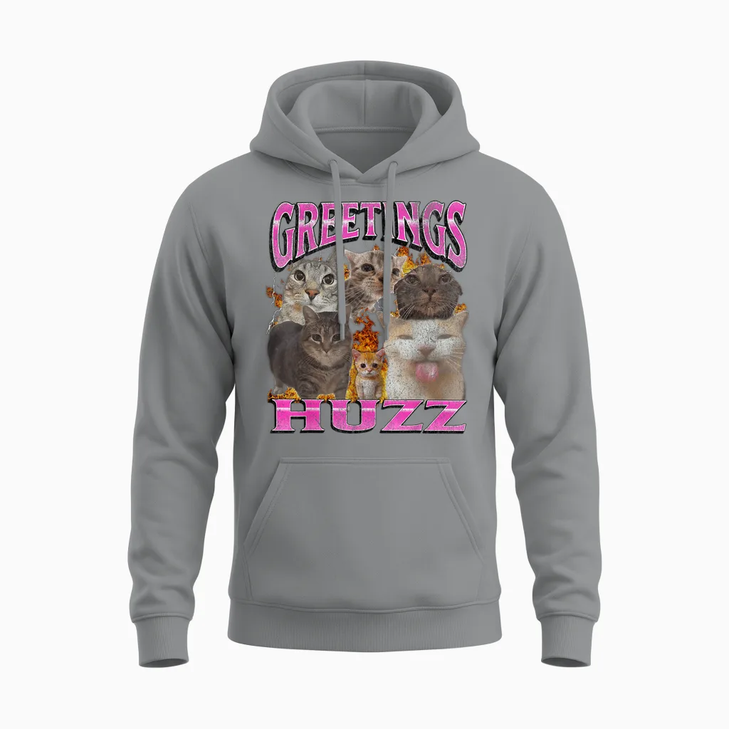 Greetings Huzz Funny Cat Meme Bootleg Graphic Men Women Unisex Hoodie in Sport Grey
