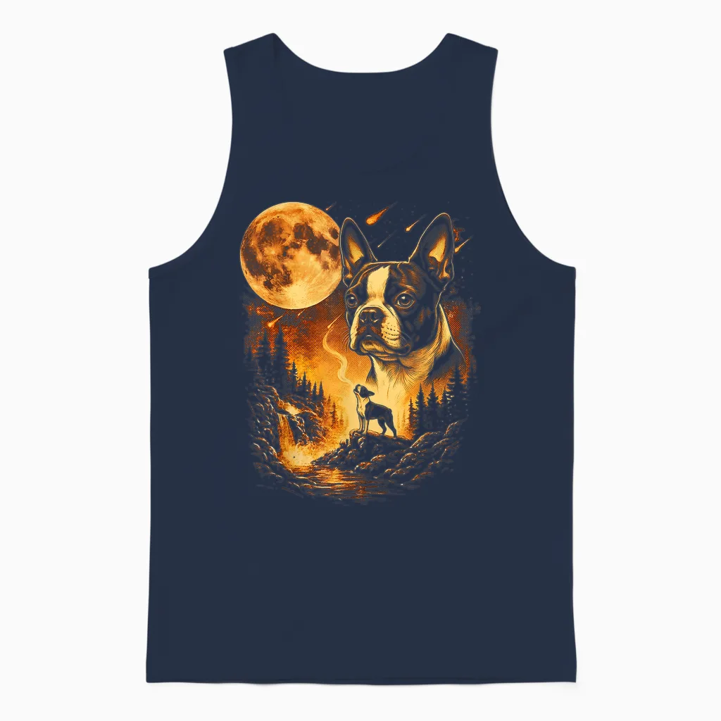 Boston Terrier Hurlant Γ La Lune Chien Vintage Unisex Tank Top in Navy