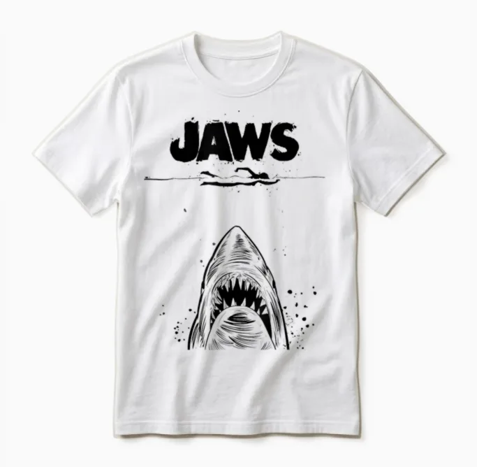 Jaws 50th Anniversary Poster Black & White Sketch 2-Sided Unisex T-Shirt in White