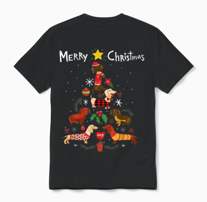 Funny Dachshund Christmas Tree Shirt Ornament Decor Gift Unisex T-Shirt in Black