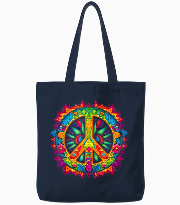 Peace Love Hippie Costume Tie Dye 60s 70s Tote Bags in Navy