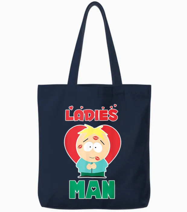 South Park Valentine's Day Butters Ladies Man T-Shirt, Black Tote Bags in Navy