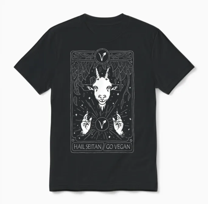 Hail Seitan Go Vegan Funny Tarot Card Design for Vegan T-Shirt, Black Unisex T-Shirt in Black