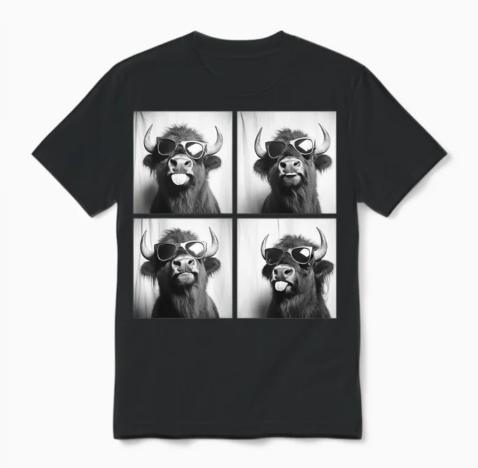 Funny Bison with Sunglasses Animal Pattern Humor Unisex T-Shirt in Black