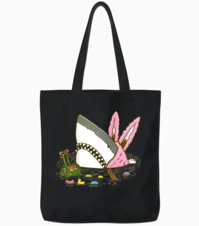 The Easter Shark, Funny Easter,cute Bunny in Shark Tote Bags - Black